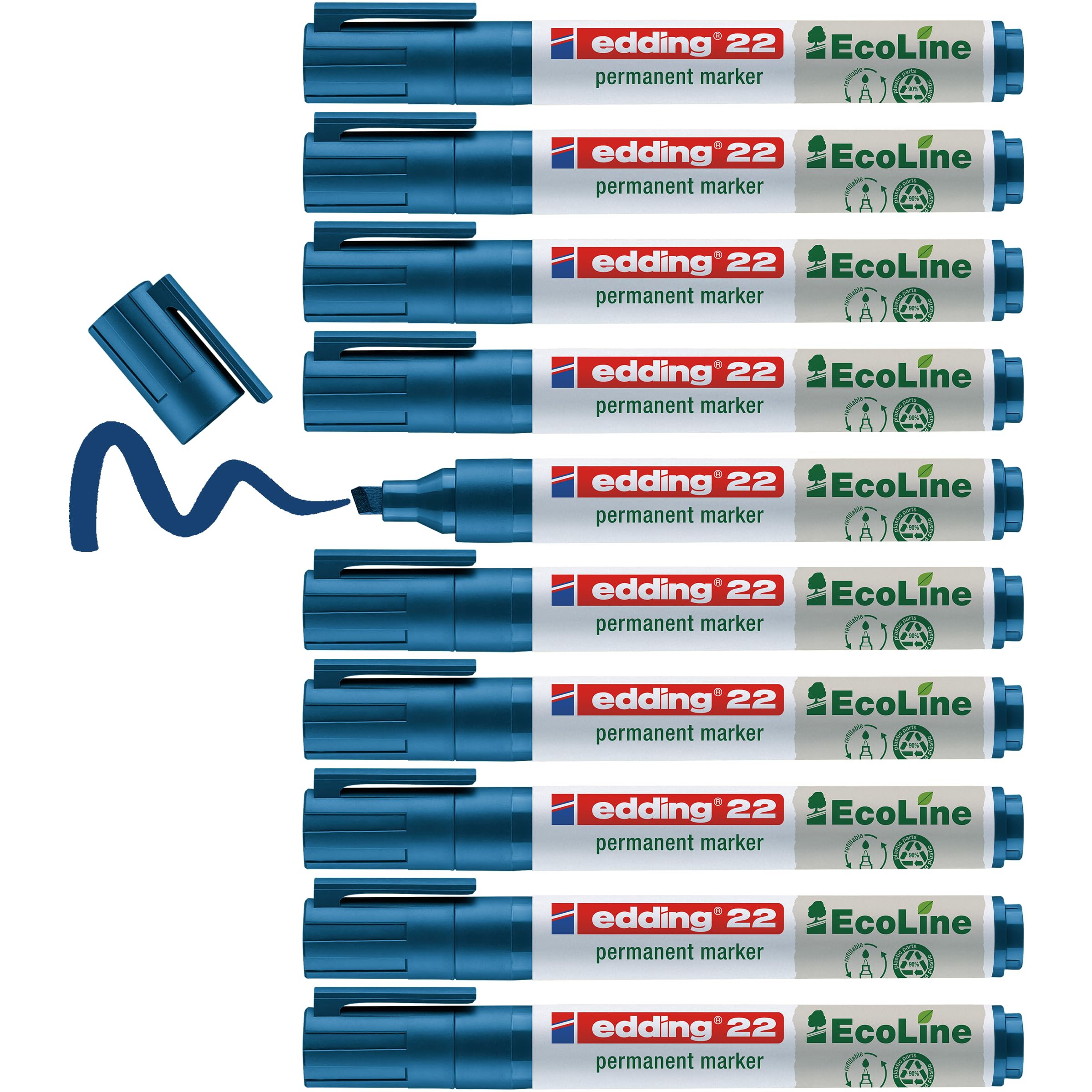 edding 22 Ecoline permanent marker - blue - box of 10 - chisel tip 1-5 mm - waterproof, quick-drying, smear-proof pens - for cardboard, plastic, glass, wood, metal and fabric - refillable