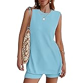 NENONA Women's Summer Sleeveless Sweater Lounge Sets Casual Loose Fit Tunic Tops and Shorts 2 Piece Beach Vacation Outfits