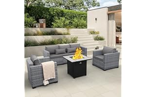 Lviden 4 Piece Wicker Patio Furniture Sets Outdoor Conversation Set PE Rattan Sectional Sofa Couch with Fire Pit Table and Grey Cushions