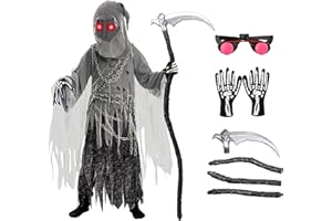 Spooktacular Creations Child Unisex Grim Reaper Costume, Halloween Costume with Glowing Red Eyes for Kids Trick-or-Treating