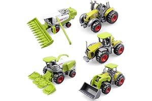 ATOMDREAM TECH 5 Pack Diecast Farm Tractor Toys – Mini Farm Vehicle Set with Combine Harvester, Forage Harvester & Trucks – Alloy Toy Tractors for Boys Girls Ages 3+, Birthday Gifts & Party Favors(5P Green)