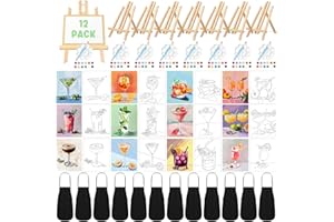 Motipuns 12 Set Pre Drawn Canvas for Painting for Adults Sip and Paint Kit with Easels 8 x 10 Inches Paint Party Kit with Printed Canvas Paints Brushes Palette Bag Apron(Cocktails)