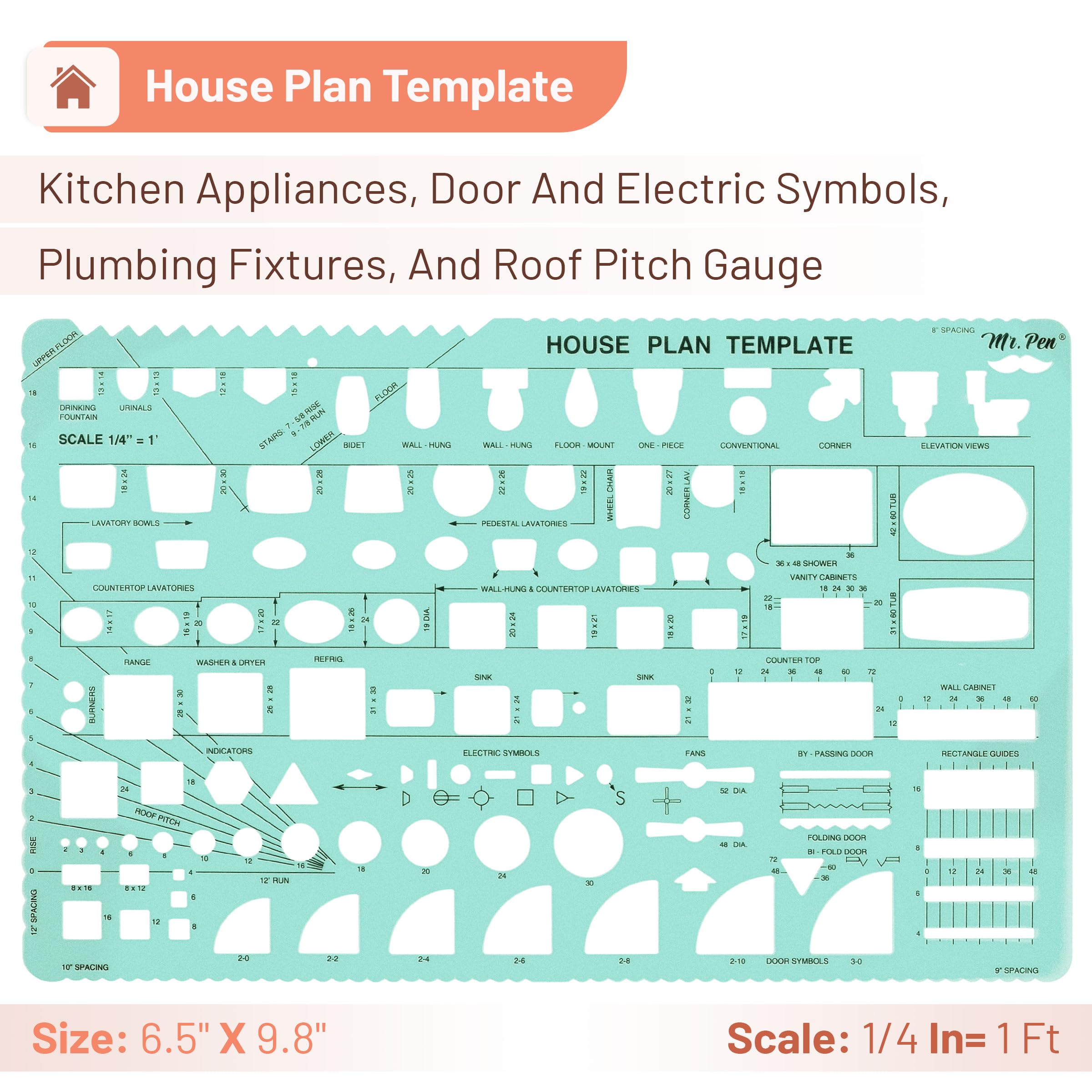 Mr. Pen- House Plan, 3 Pack, Green, Interior Design and Furniture Templates, Drafting Tools and Ruler Shapes for Architecture, Drafting Tools, Architecture Supplies, Drafting Templates