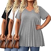 Evervibe 3 Pack Women's Plus Size Tops Short Sleeve Tunic Shirts V Neck Loose Flowy Swing Casual Summer Tees