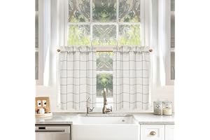 DriftAway Kitchen Curtains Striped Tier Linen Short Curtains Windowpane Plaid Cafe 36 Inch Length for Living Room Bathroom Chris Farmhouse Rustic Rod Pocket 2 Panels Black