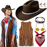 ZhouBoat 6Pcs Western Cowgirl Costume for Women Cowgirl Outfits Set Fringe Vest Cowboy Hat Glasses Earring Bandana Bracelet
