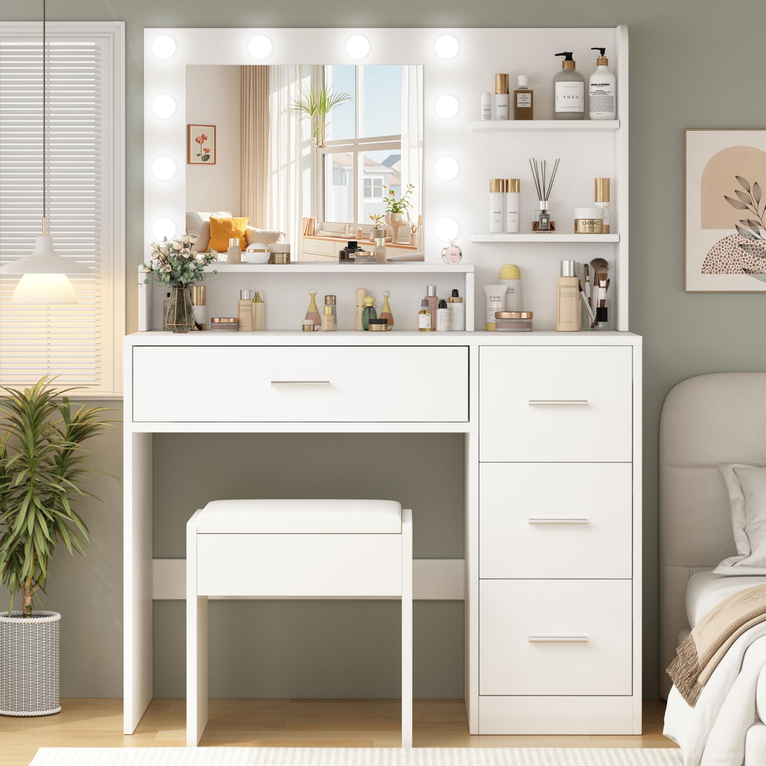 Photo 1 of ** hARDWARE ONLY **    
MISSING PARTS**OTOQS Makeup Vanity Desk with Mirror and Light,Dressing Table Set with 3 Color Modes LED Lights,Large and Three Level Storage Dresser, for Bedroom Dressing Room,White    