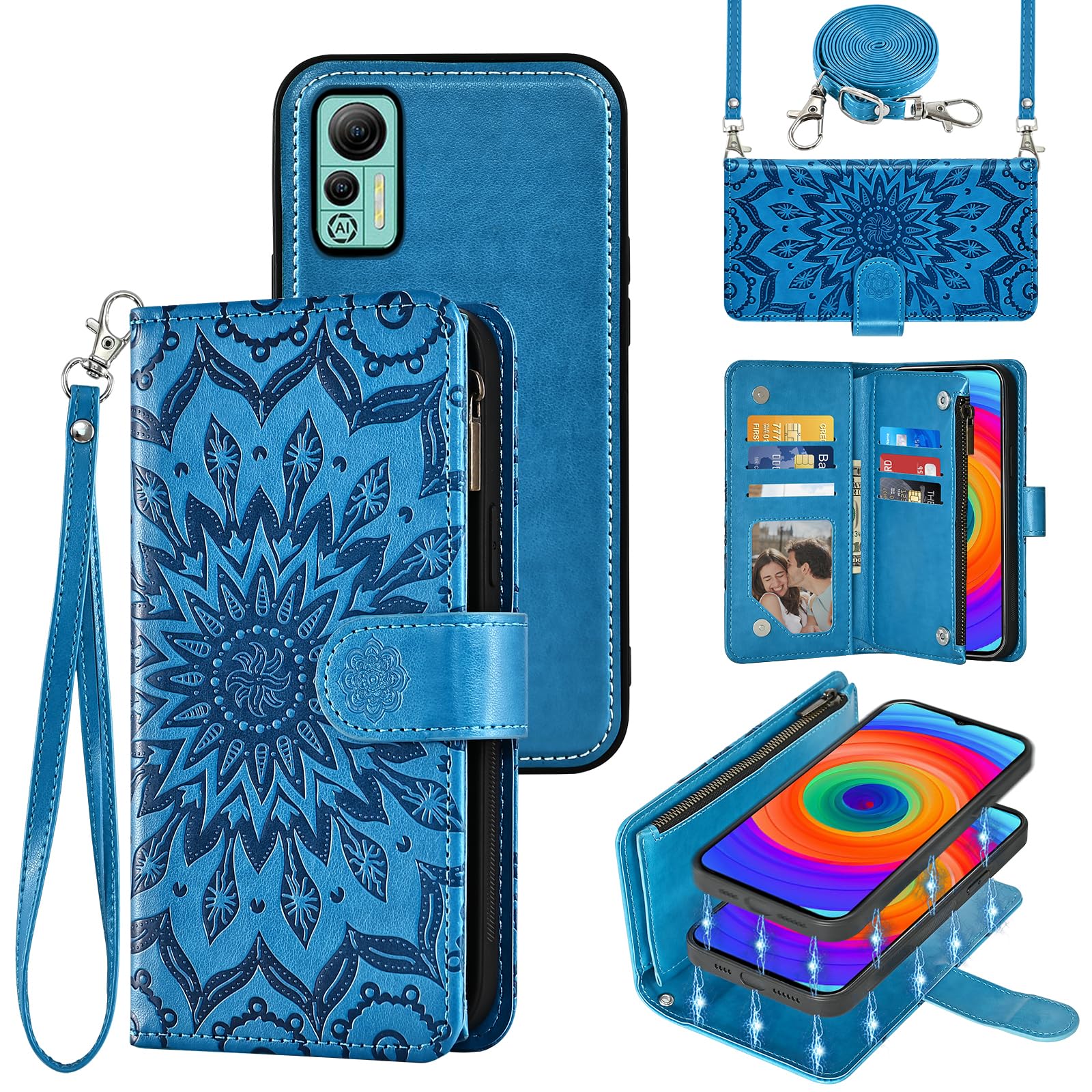 Asuwish Phone Case for Ulefone Note 14/14 Pro Zipper Wallet Magnetic Detachable Cell Cover with Screen Protector Crossbody Lanyard Strap Flower Flip Card Holder Slot 14Pro 2022 Women Men Blue