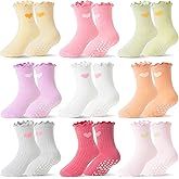 Baby Girls Toddlers Ruffle Grip Socks for Kids Non Slip Anti Skid Frilly Cute Funny Cotton Crew Grippers Socks 9 Pairs