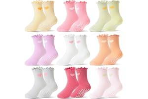SAVALOS Baby Girls Toddlers Ruffle Grip Socks for Kids Non Slip Anti Skid Frilly Cute Funny Cotton Crew Grippers Socks 9 Pairs