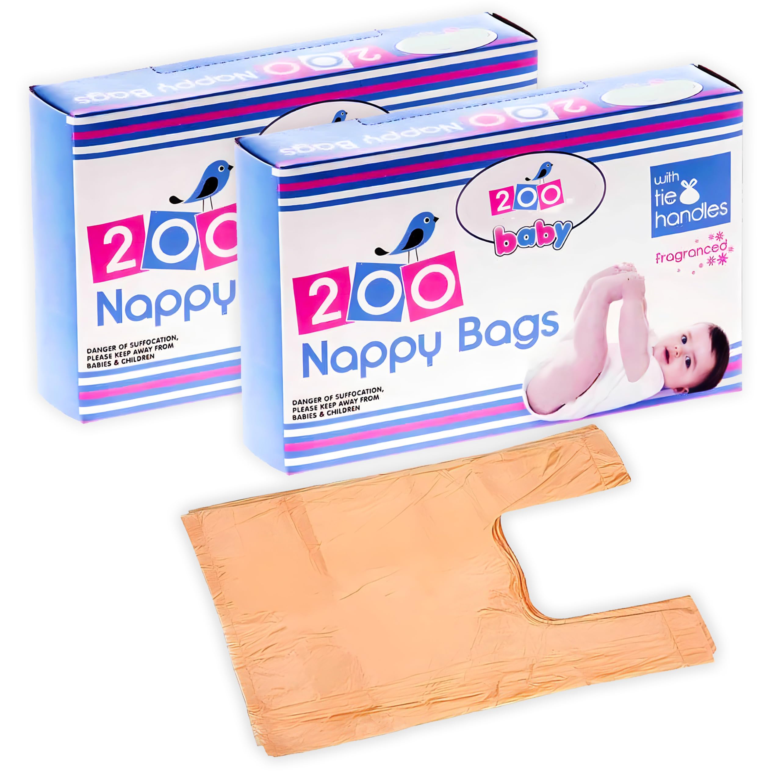 Disposable Tie Handle Nappy Bags Sacks Fragranced Powder Scented Hygienic Baby Nappy Waste Bin Disposal Bags for Travel (2 Packs (400 Bags))