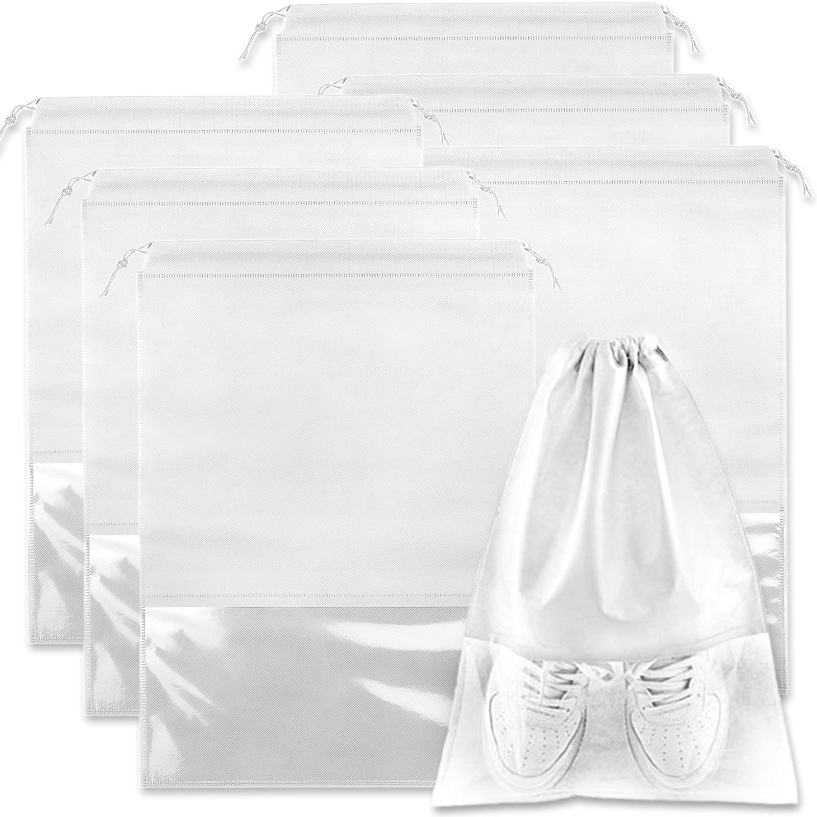 Acehome 6 Pack Large Travel Shoe Bag, Portable Drawstring Shoes Storage Bags Non-Woven Dust Proof Pouch Space Saving Organizer with Transparent Slot for Men Women Daily and Travel Use (White)