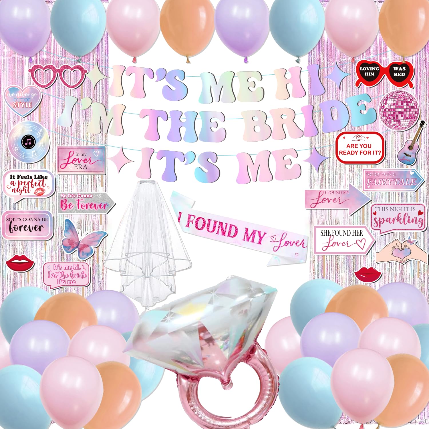 Photo 1 of Bachelorette Party Decorations Its Me Hi Im The Bride Its Me Banner Pink Tinsel Foil Curtains Bride to Be Sash and Veil Bridal Photo Props Bachelorette Balloons Bridal Shower Fecorations