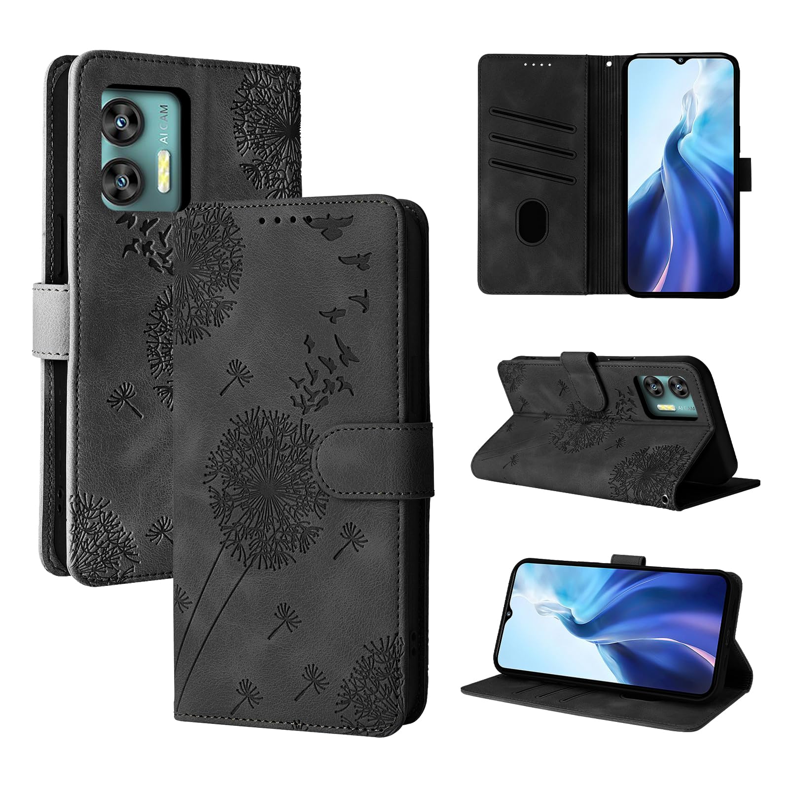 Rostsant Mobile Phone Case for Oukitel C36 - Dandelion PU Leather Flip Case Wallet Pouch Cover Magnetic Black