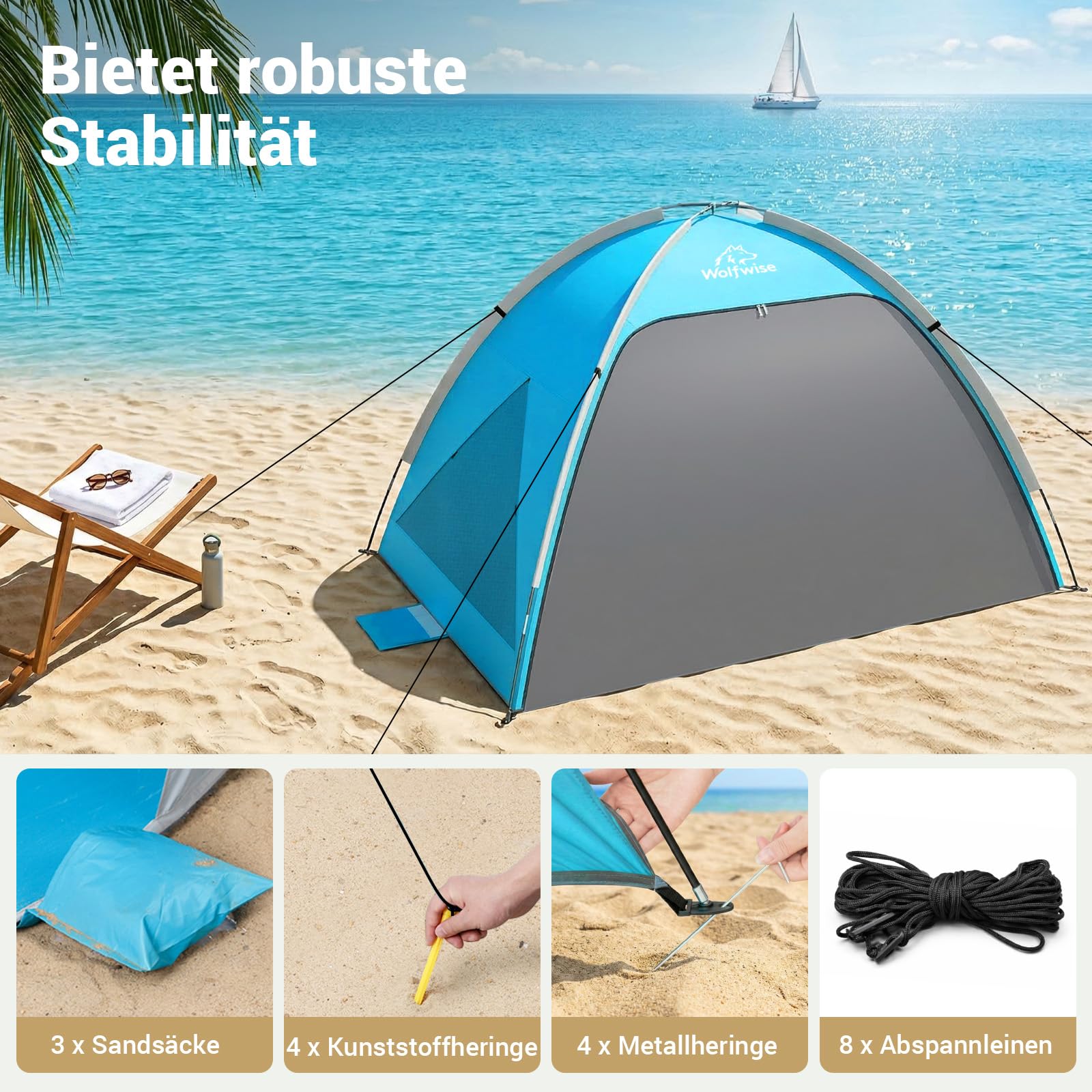 Wolfwise Strandmuschel UV Schutz, 3 Belüftungsfenster & Tragetasche, Strand Zelt mit erweiterbarem Boden für Privatsphäre, 4 Personen, 240x165x140cm(95 ''x65''x55''), Blau 5