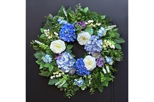 Pinkpuii 26 Inch Spring Wreaths for Front Door Outside– Vibrant, Lifelike Summer Door Wreath Indoor Outdoor Green Eucalyptus Wreath - Blue Hydrangea White Peony Valentine’s Day Flower Wreath Decor