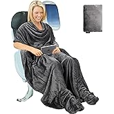 Tirrinia Travel Portable Blanket with Feet Pocket Airplane Office Poncho 4 in 1 Zippered Front Pocket Premium Cozy Fleece Blankets with Built-in Bag