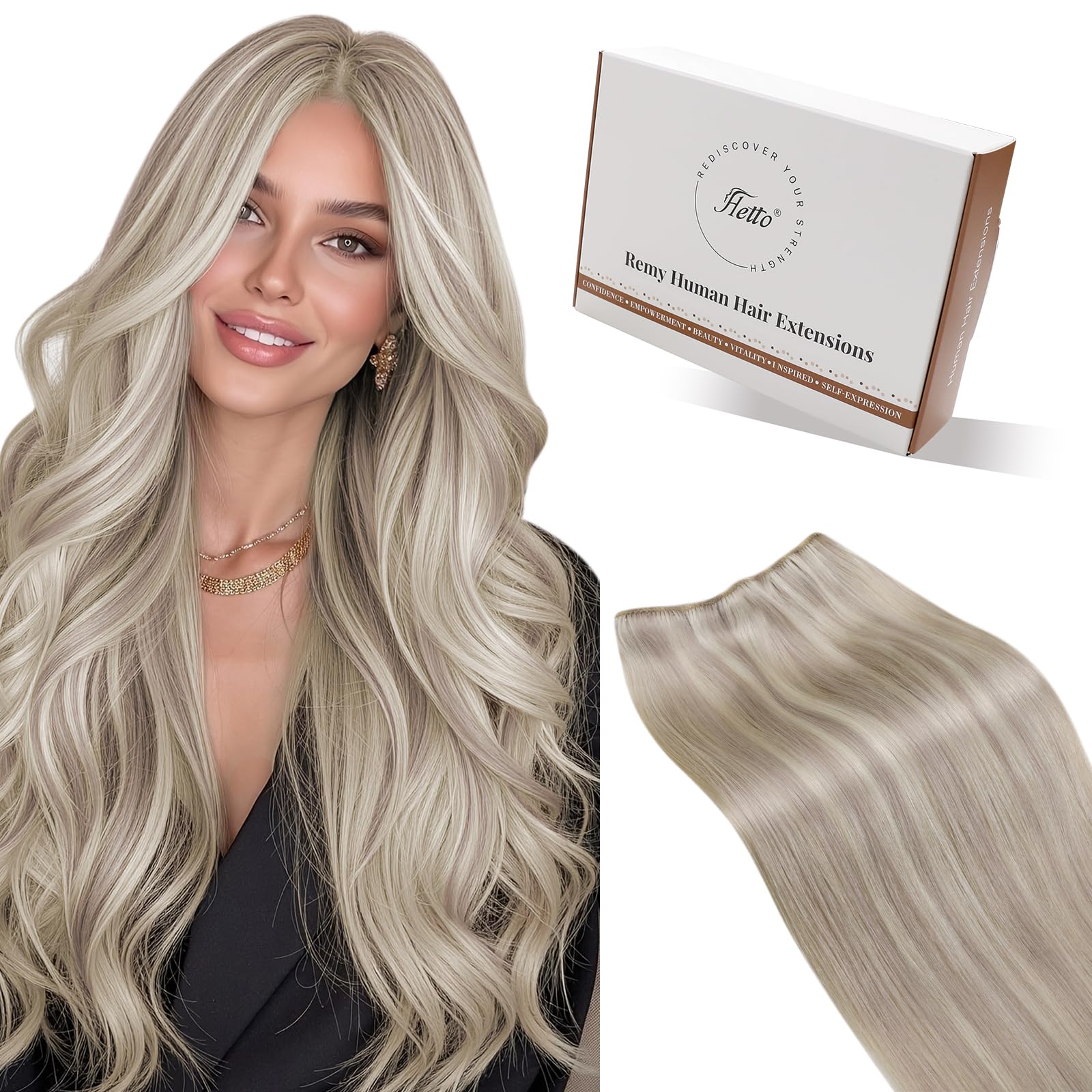 Hetto Weft Hair Extensions Real Human Hair Ash Blonde Highlights Light Blonde 20 Inch 100g - Salon Weft Hair Extensions Sew in Human Hair Wefts Hand-Tied, Durable for Full Head Styling #18/613