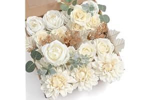 YYHUAWU Artificial Flowers Combo Box Set Gradient Color Flower Leaf with Stems for DIY Wedding Bouquets Centerpieces Baby Shower Party Home Decorations Ivory