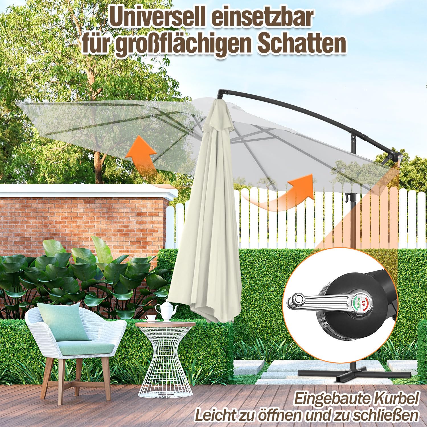 Joparri Sonnenschirm Beige Ø 300 cm mit Kurbel| Ampelschirm mit Ständer | Gartenschirm Sonnenschutz UV-Schutz Aluminium | Kurbelschirm Marktschirm wasserdicht 4