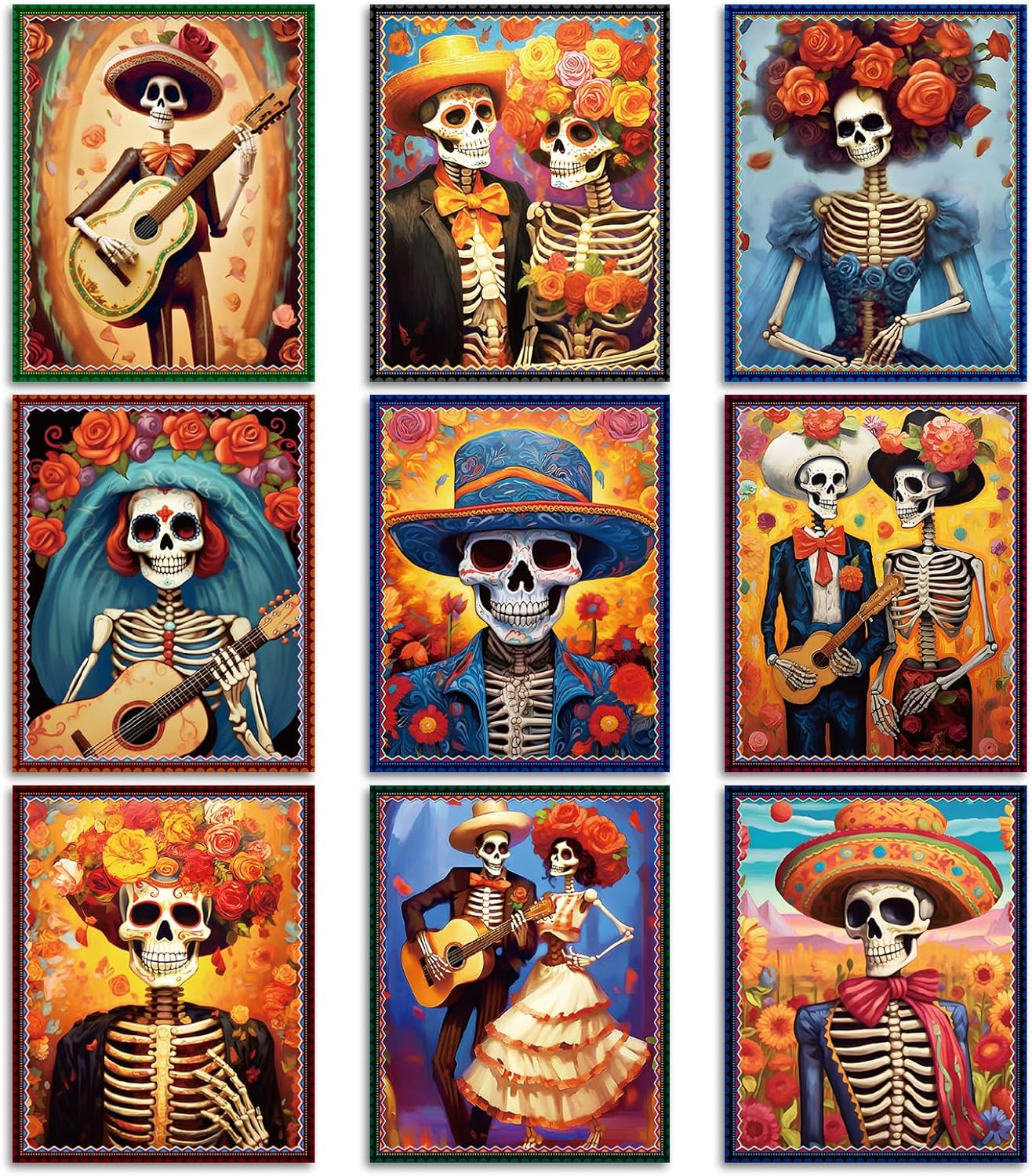 Wall Décor - Day of The Dead Poster - 9 Piece Day of the Dead Decorations Sugar Skull Wall Art Sugar Skull Art Print for Mexico Day Day of the Dead Halloween Wall Decor Living Room Decor
