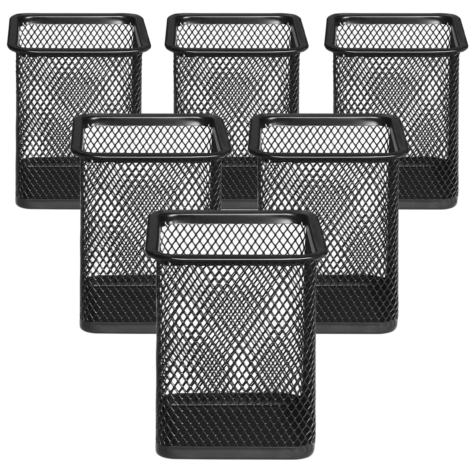 DIFIT 6PC Metal Pen Holder, Black Pencil Pot, Mesh Portable Durable Cup for Desk, Office, Learning, School, Home - Square