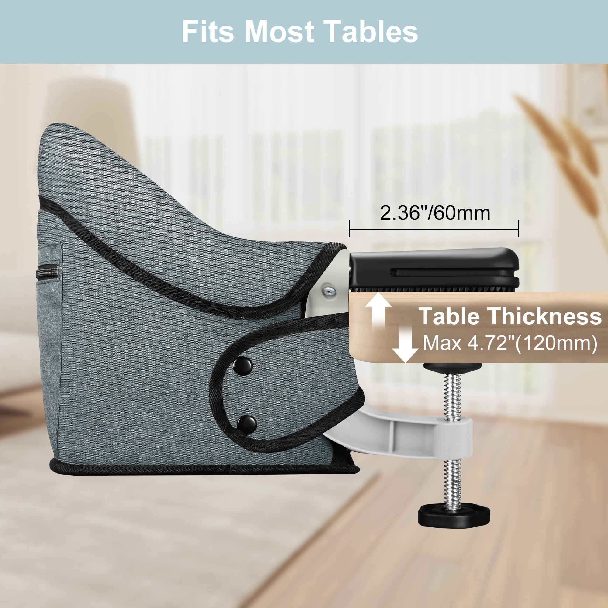 Hook On High Chair, Jozzve Baby High Chair, Portable High Chair for Travel, Foldable Fast Table Chair with Storage Bag, Baby Feeding Seat Clip On High Chair for Home and Travel (Grey)