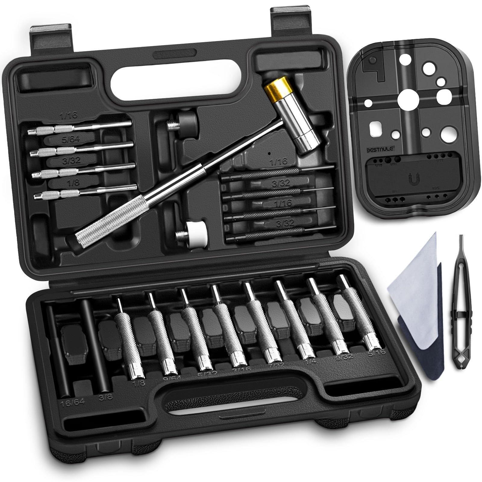 Photo 1 of BESTNULE Punch Set, Pin Punches, Punch Tool, Roll Pin Punch Set, Made of High Quality Metal Material Including Punches and Hammer, Mechanical Repair Tool, with Organizer Storage Box (with Bench Block)