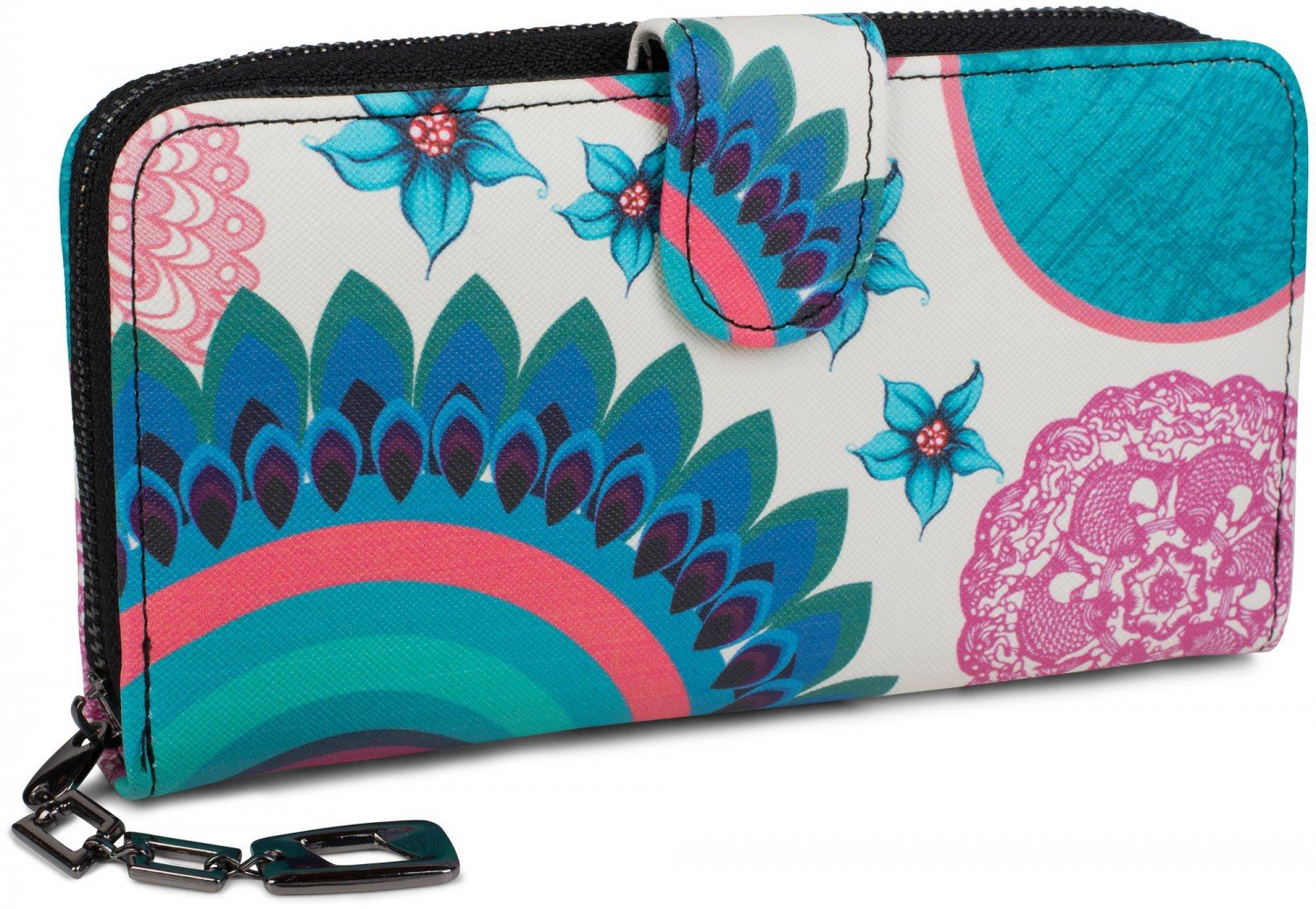 styleBREAKER Ladies Wallet with Colourful Floral Mandala Pattern, Ethno Style, Zip, Purse 02040040, Colour:White-Turquoise-Blue