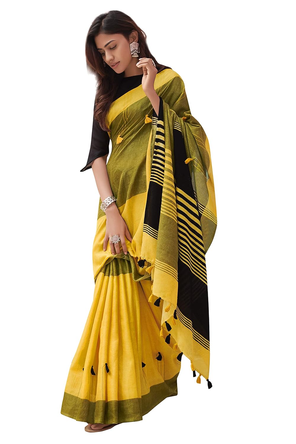 Buy Vanishri Women's Khadi Linen Saree With Blouse Piece (Palash-4_Yellow) at Amazon.in
