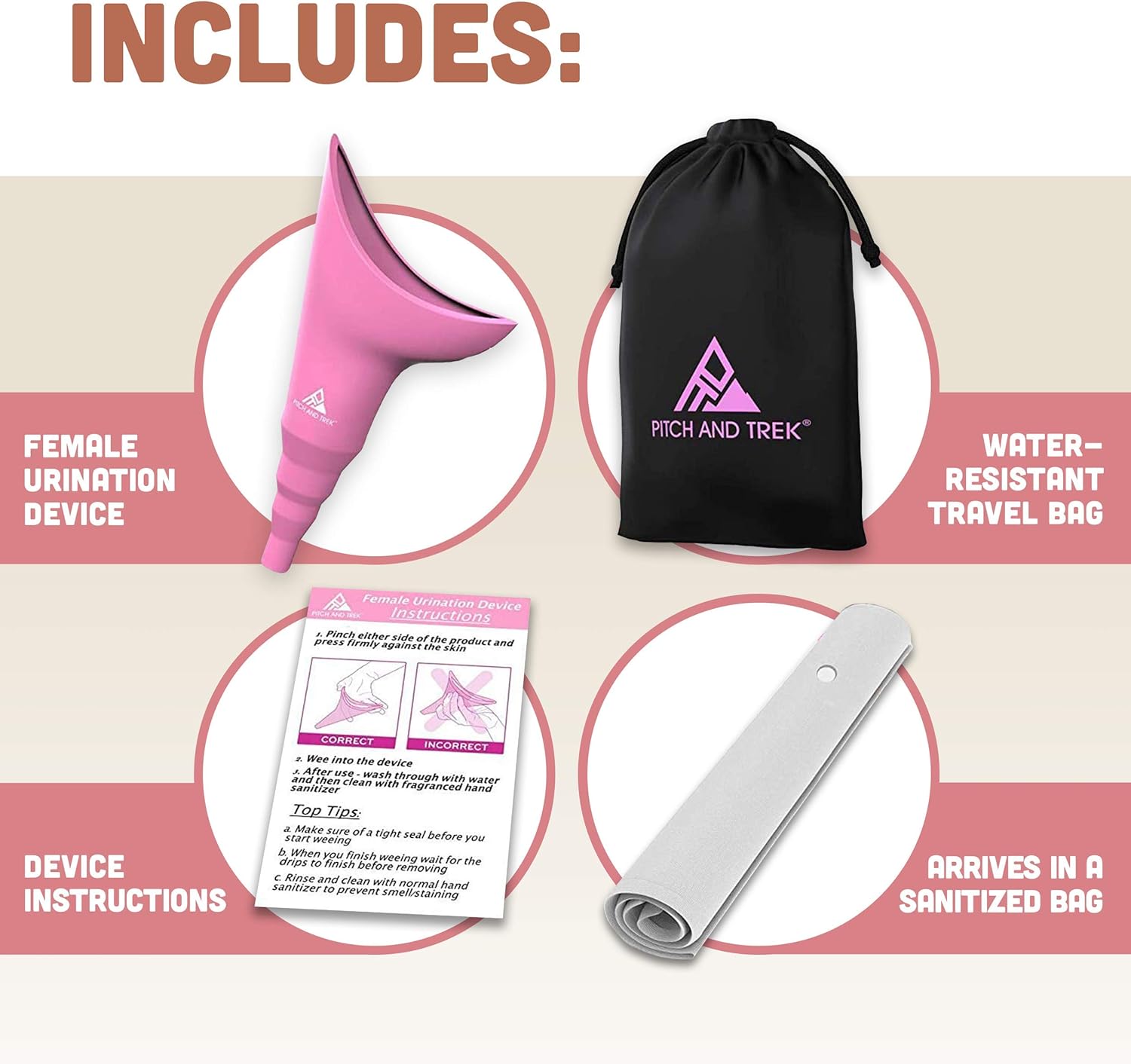 Pitch and Trek Female Urinal - Pee Funnel for Women w/ Discreet Carry Bag - Travel, Roadtrip, Festivals, Camping & Hiking Essentials for Women, Pink: Sports & Outdoors