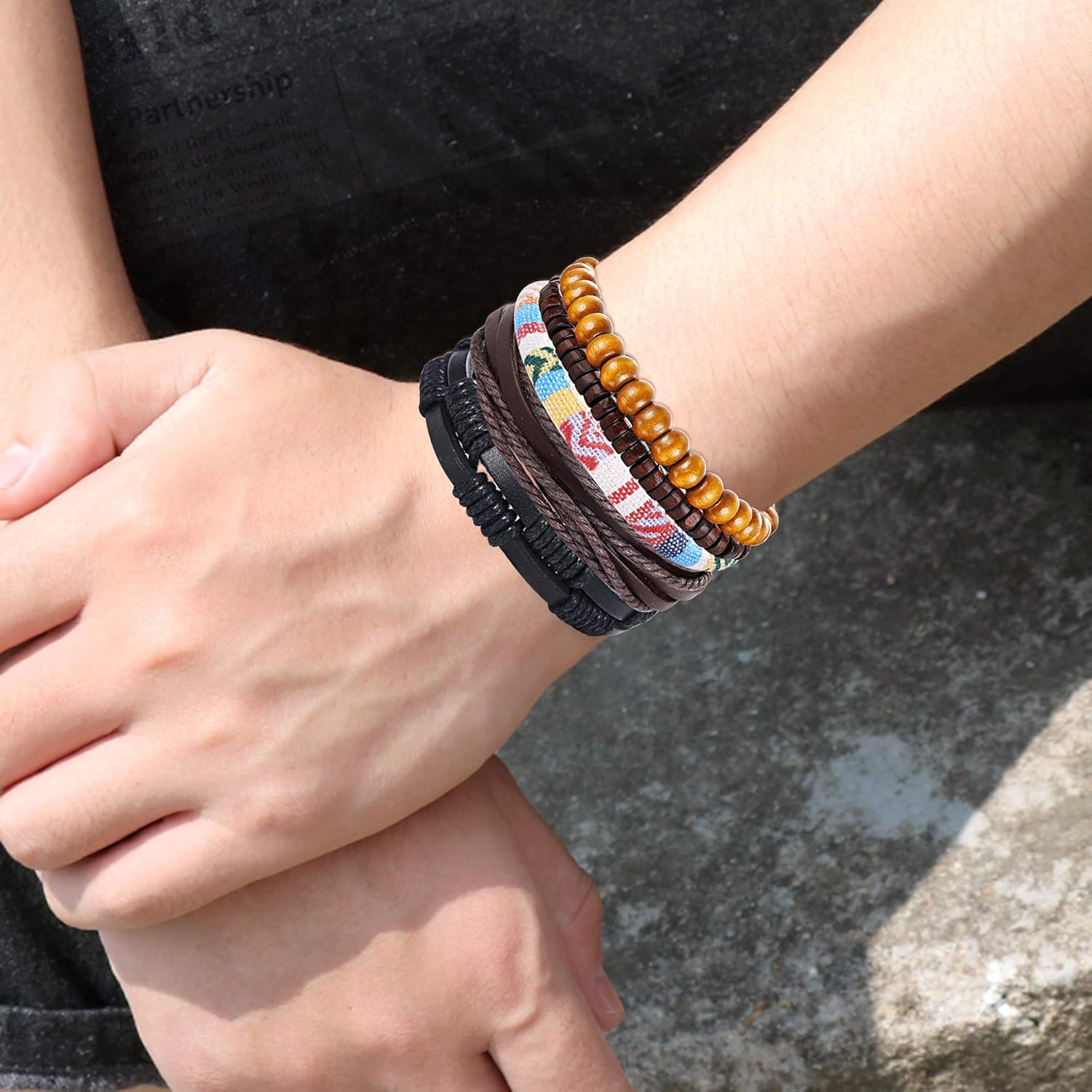 Finrezio 24 Pcs Braided Leather Bracelet Set for Women Men Wristbands Boho Ethnic Tribal Linen Hemp Cords Beads Wrap Bracelets String Handmade Jewelry: Jewelry