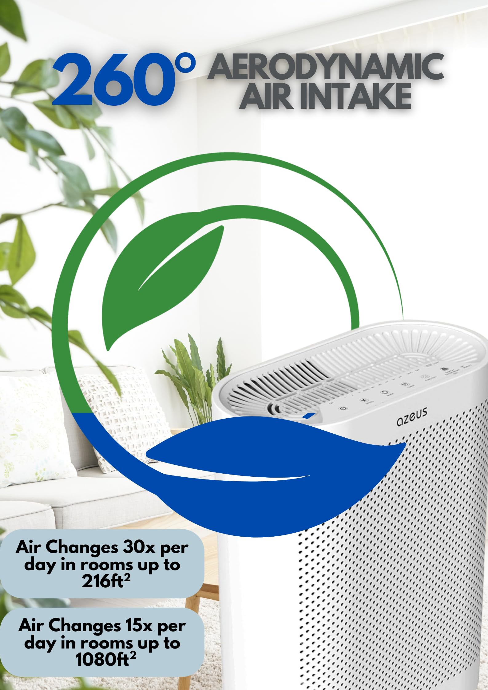 AZEUS True HEPA Air Purifier | for Home, up to 1080 sq ft Large Room, Office or Commercial Space | Filter 99.97% Pollen, Smoke, Dust, Pet Dander | Auto Mode | Air Quality Sensor | Night Light