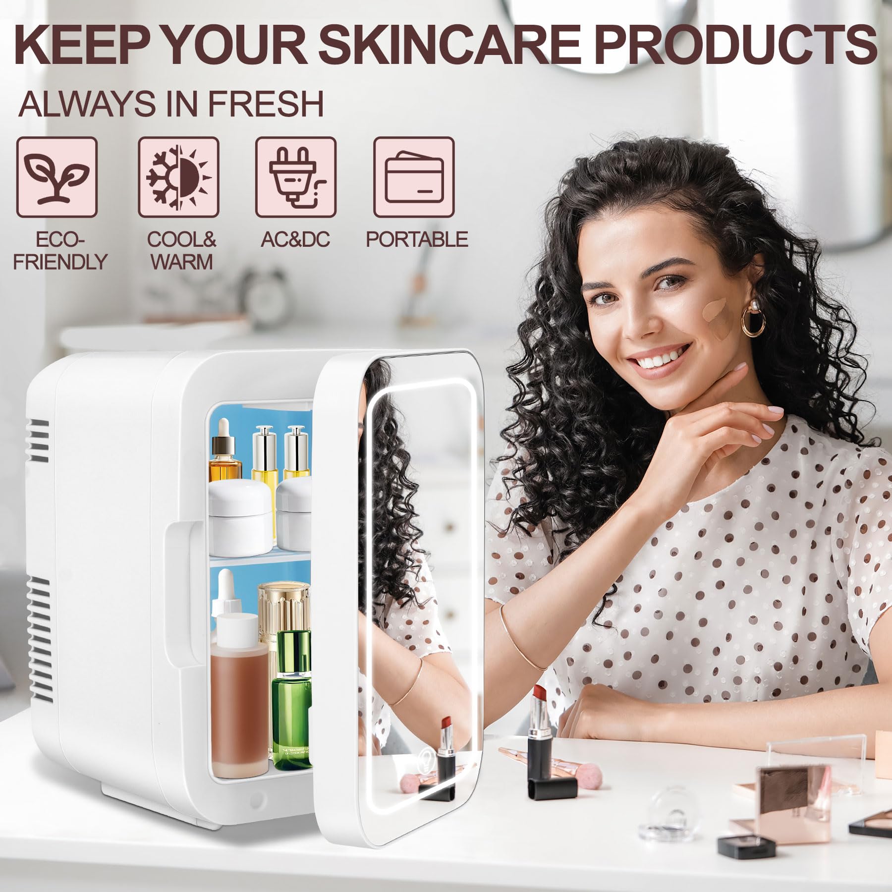 Chsuiwe Mini Fridge, Skincare Fridge With Dimmable LED Light Mirror, 4L/6 Cans Makeup Mini Fridge for Bedroom, Cooler & Warmer, AC/DC Powered Small Portable Refrigerator for Car, Office and Food-White - Image 7