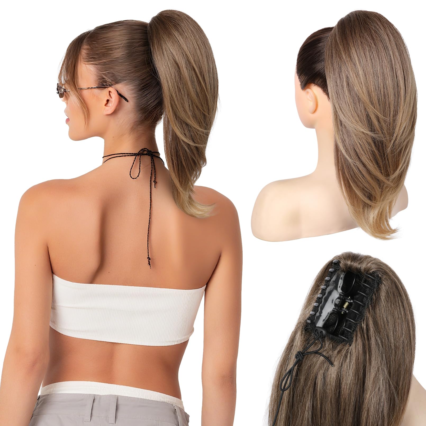 Photo 1 of NTYNTY Ponytail Extension – 16” Claw Clip in Ponytail Hair Extensions Natural Soft Synthetic High Pony Tail Hairpieces for Women (Light Brown with Golden Ends, 16 inch)