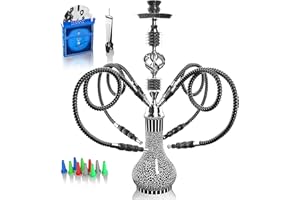 KISEELY Hookah Complete Set with 4 hose, 22'' Large Shisha Kit For Up To 4 Persons with everything Included, Ceramic Bowl | Premium Hose | Beautiful Glass Vase (Black)