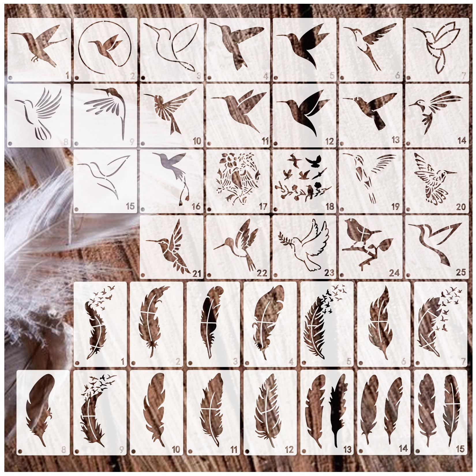 40pcs Bird Feather Stencils for Painting on Wood Crafts Reusable Flying Hummingbird Stencil Art Paint on Wall Canvas Pattern Paint Boho Stencils for Card Making Fabric Shirt Furniture (40 Birds)