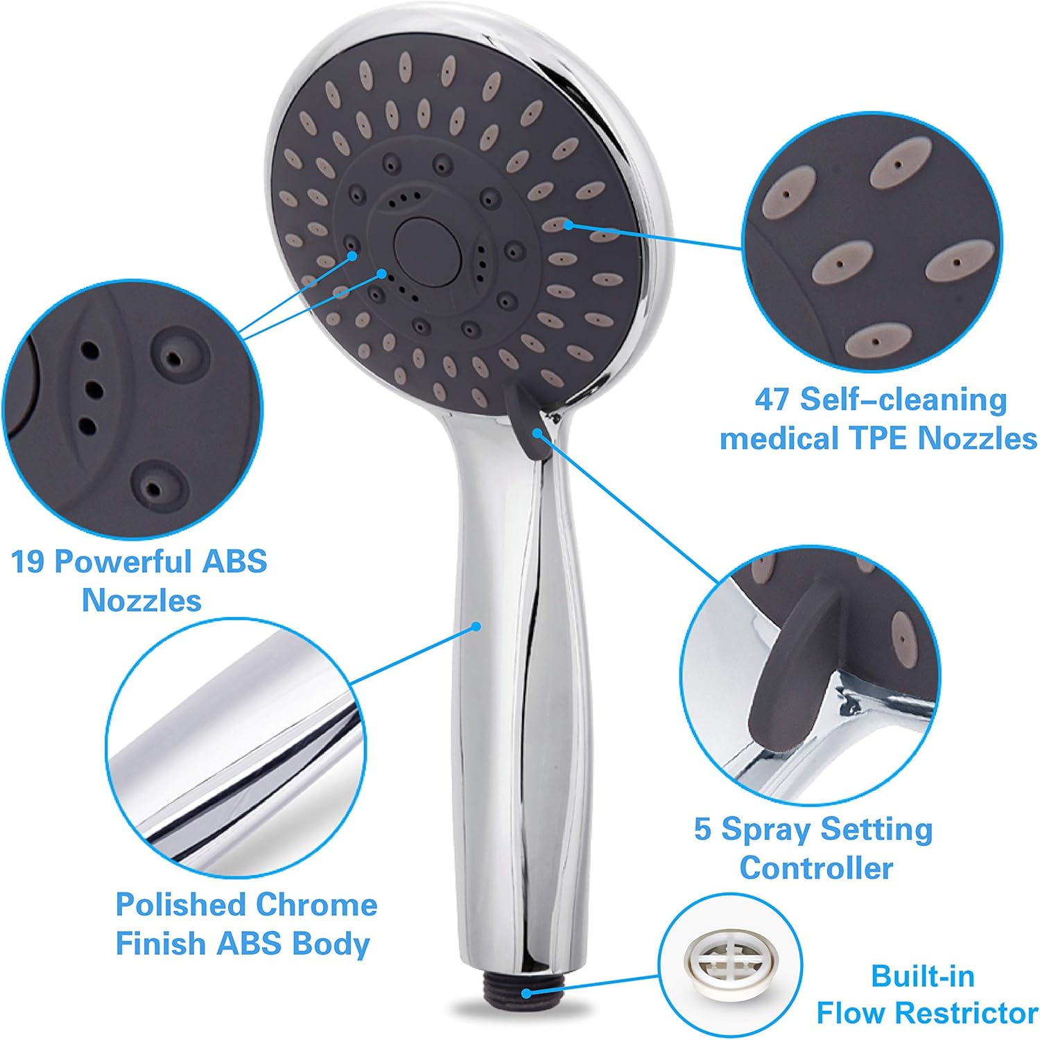 Handheld Shower Head High Pressure 5 Spray Settings Massage Spa Detachable Hand Held Showerhead Chrome Face with Hose and Adjustable Bracket - - 
