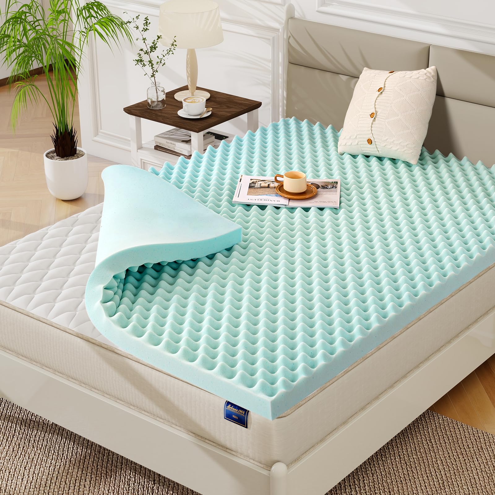 Photo 1 of 2 Inch Queen Size Egg Crate Cooling Gel Memory Foam Mattress Topper, Convoluted Bed Topper for Pressure Relief and Enhanced Airflow, CertiPUR-US Certified