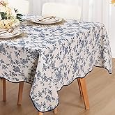 Newwiee Cotton Linen Vintage Rectangle Tablecloth Scalloped Edge Pastoral Table Cover Farmhouse Washable Blue Floral Tablecloth for Picnic Indoor Outdoor Tabletop Decor(84 * 60inch)