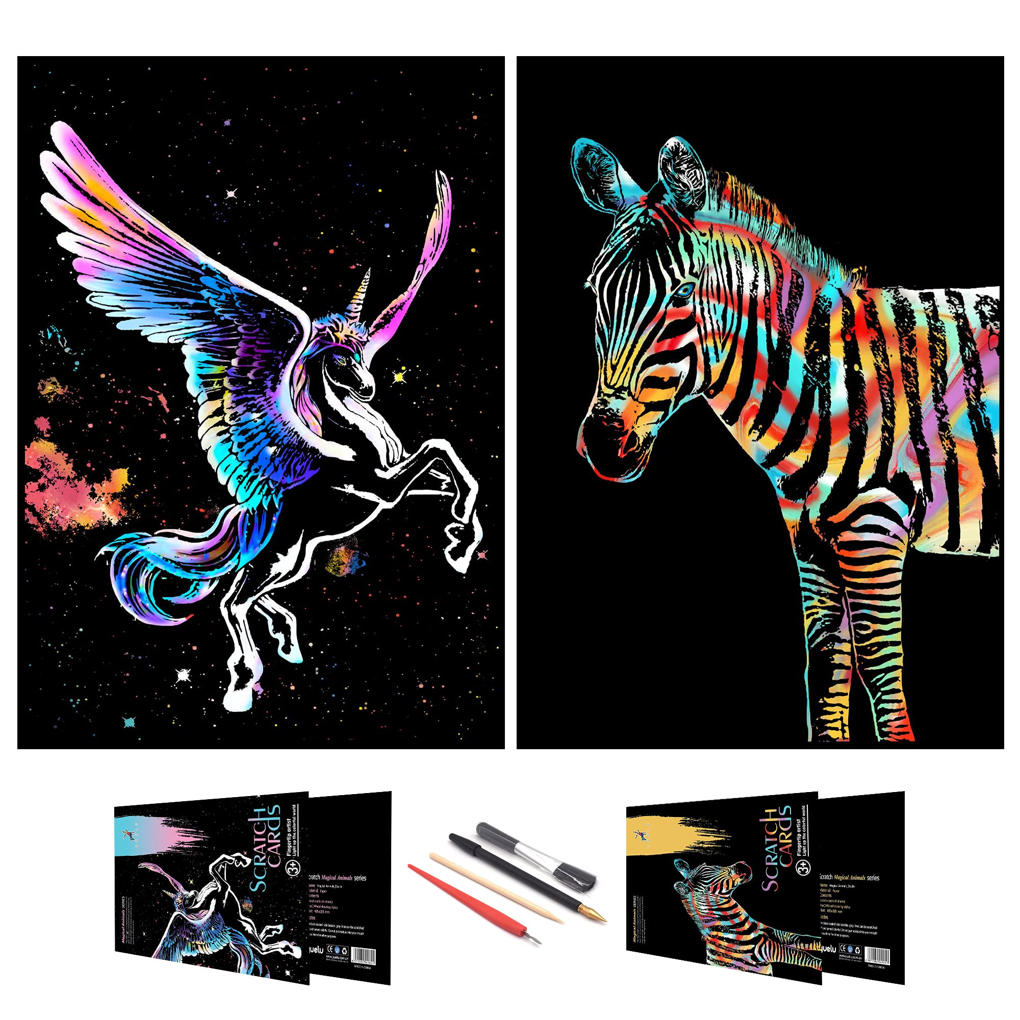 SiYear Scratch Painting Art Paper,Animal Series Scratchboard Adults, Gifts&Arts Craft Kits with 4 Tools,Size:16''x11'' (Unicorn&Zebra)
