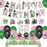 Witch Birthday Decorations Pink Green - Witch Theme Girls Happy Birthday Decorations Include Banner Hanging Swirls Temporary Tattoos Tablecloth Table Centerpieces Balloons for Wlcked Party Decor