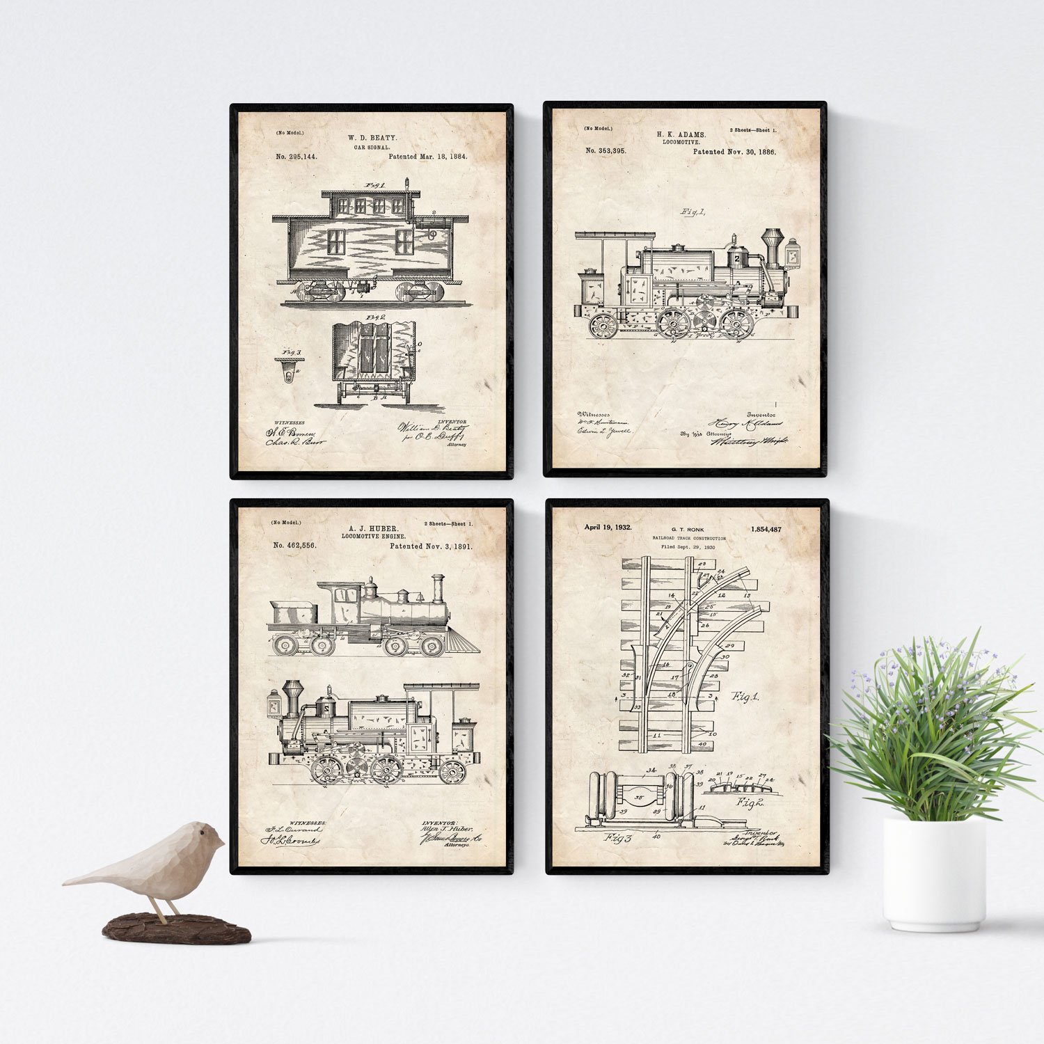 Nacnic VINTAGE - Pack of 4 sheets with PATENTS RAILWAY. Set posters with inventions and old patents. Choose the color you like. Printed on 250 grams