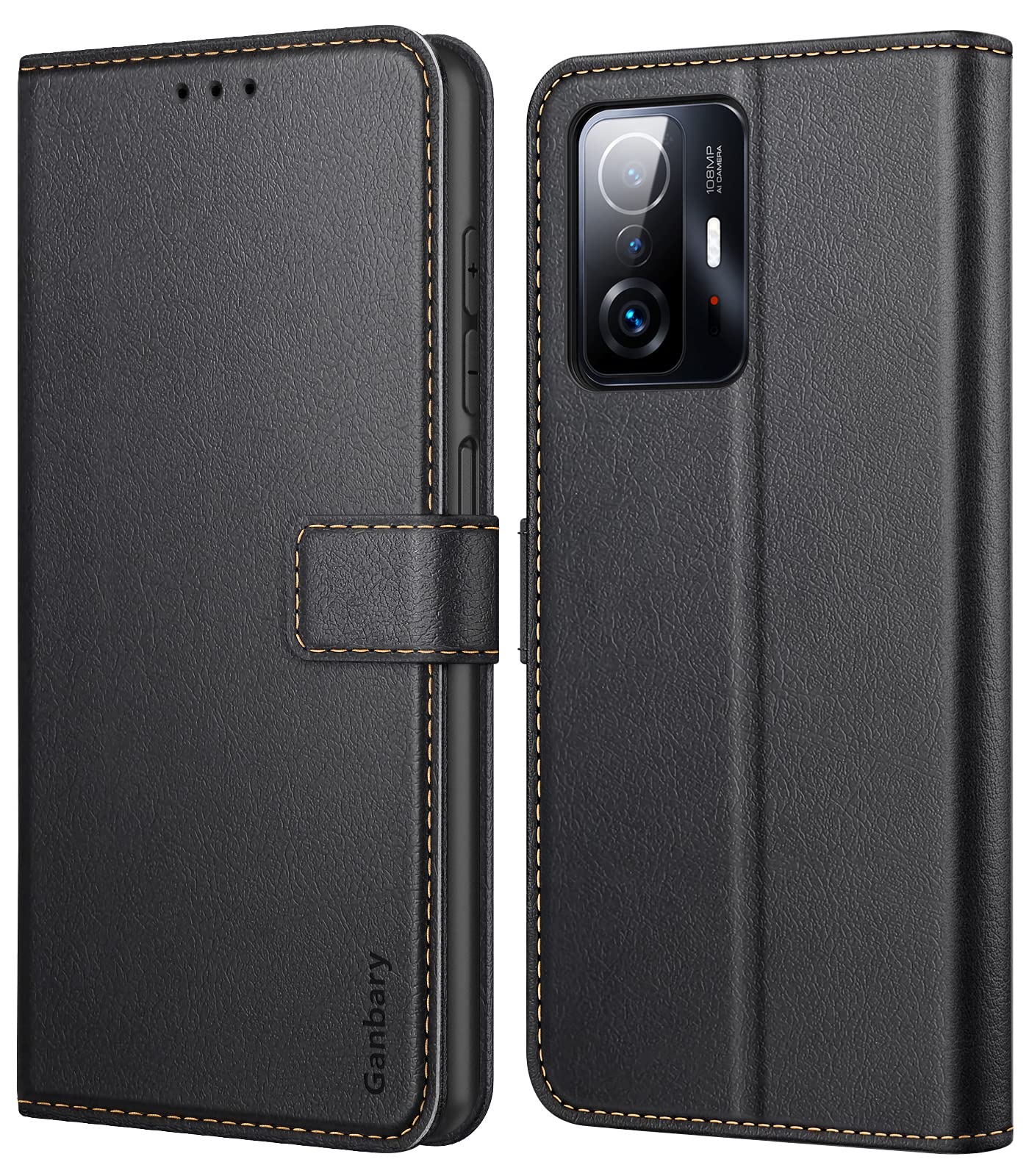 Ganbary Premium PU Leather Flip Case for Xiaomi Mi 11T / 11T Pro 5G - Black with Card Slots & Kickstand