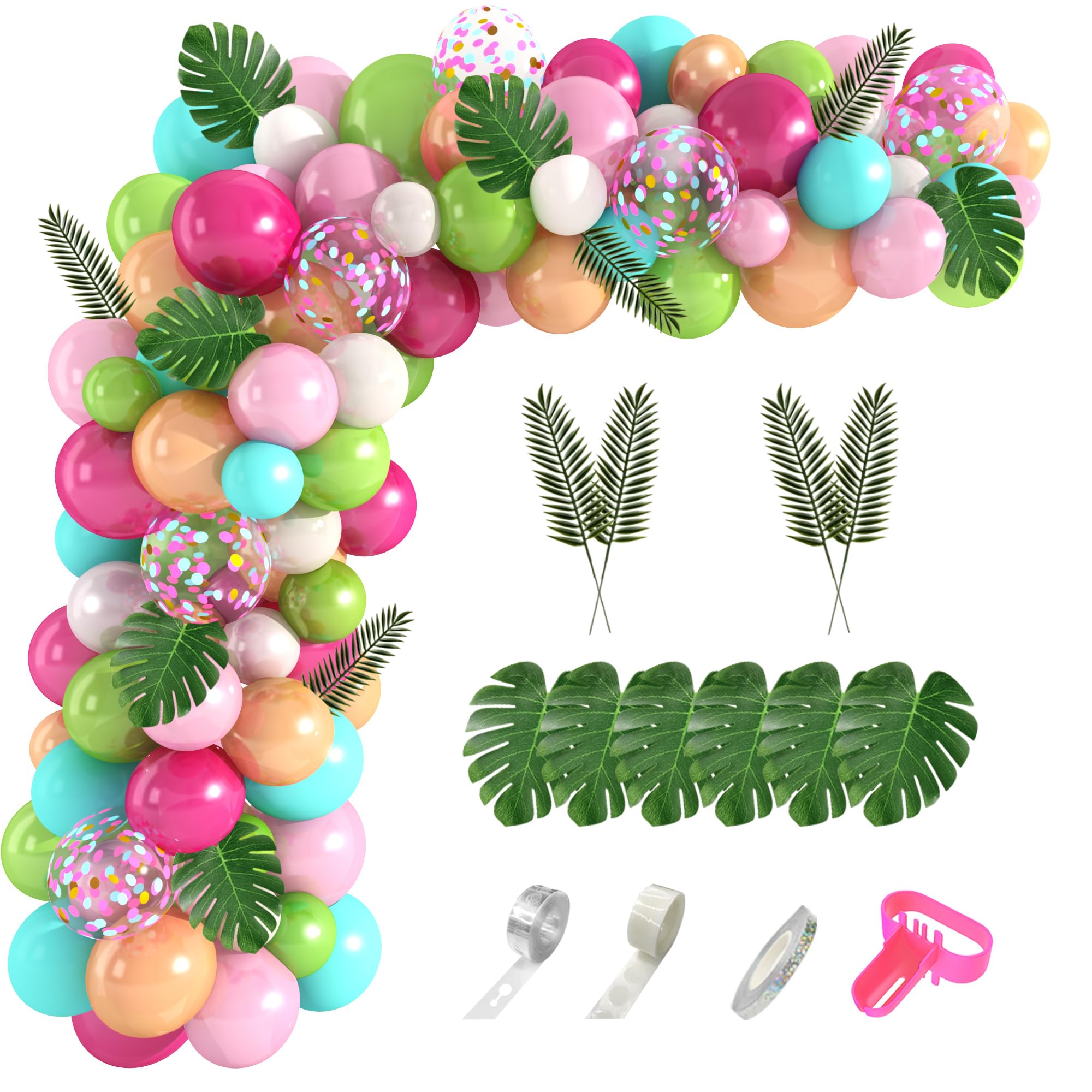 Photo 1 of Amandir 140PCS Tropical Balloons Arch Garland Kit, Green Hot Pink Confetti Latex Balloons Palm Leaves for Tropical Hawaii Flamingo Birthday Baby Shower Wedding Party Decorations Supplies