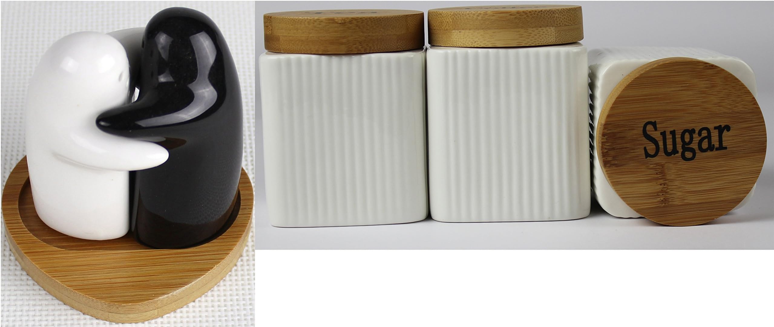 Cream Tea Coffee Sugar Jars Ribbed Square Canisters Set With Blk And White Salt and Pepper With Bamboo Lids