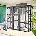 JOVNO Large Outdoor Cat House Catio Kitty Enclosure with Large Enter Door, Wooden Cat Cage Condo Indoor Playpen with 6 Platforms & Small House (Grey)