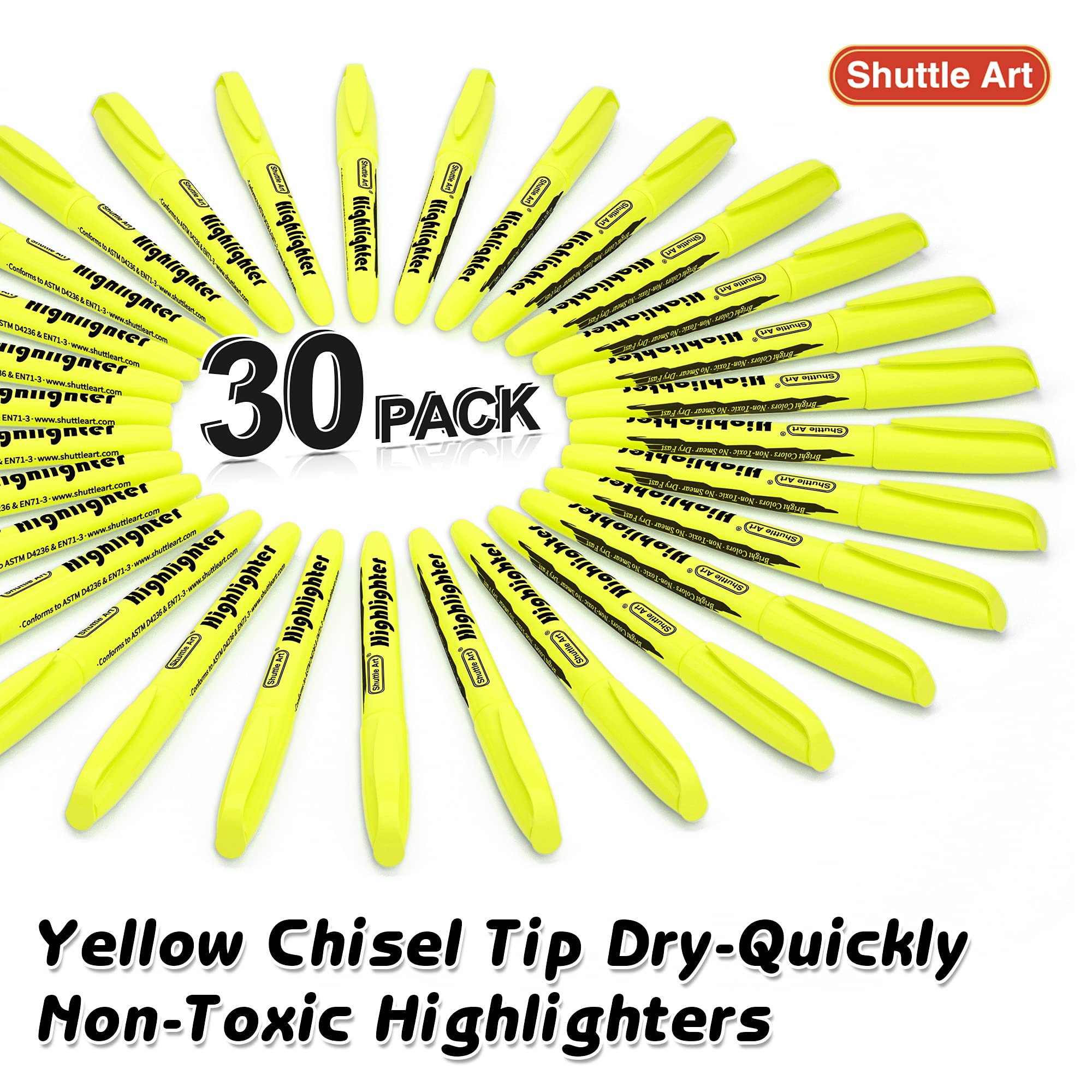 Shuttle Art Yellow Highlighters, 30 Pack Highlighters Bright Colors, Chisel Tip Dry-Quickly Non-Toxic Highlighter markers for Adults Kids Highlighting in Home School Office