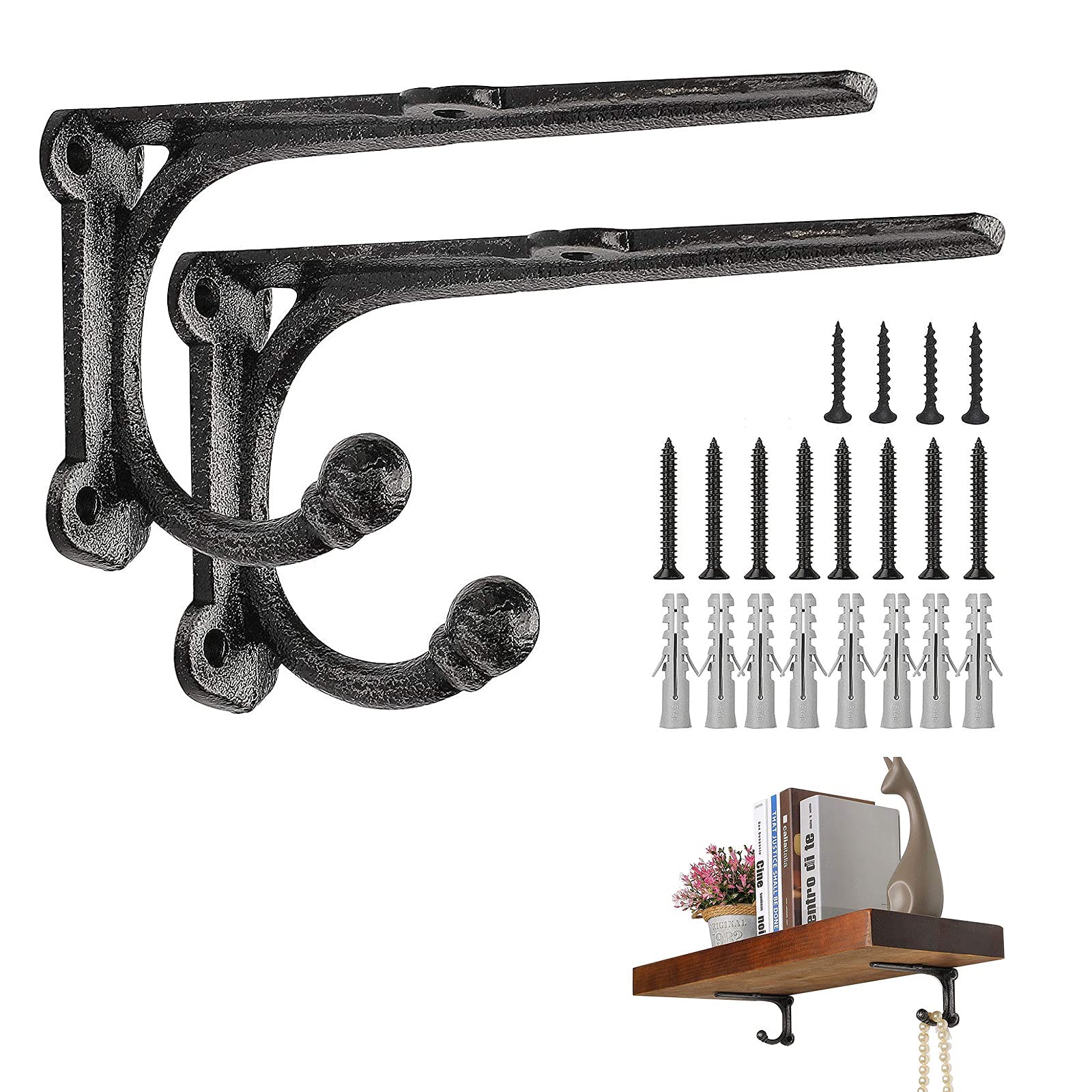 ChasBete Rustic Shelf Brackets & Supports, Black Shelf Bracket with Hook, Heavy Duty Shelf Brackets 15*8.5 cm - 2Pcs