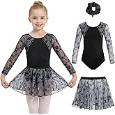 JiAmy Girls Ballet Leotards Long Sleeve Mesh Toddler Dance Leotard Combo with Removable Skirt